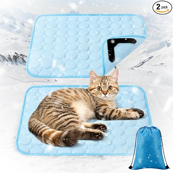 MCEAST 2 Pcs Cat Cooling Mat 20" x 16" Self Cooling Pad for Smal Dogs Cats Non-Slip Cool-Chill Mats Summer Pet Blanket with Storage Bag Washable Cool Pet Pad for Floor Sofa Car Travel, Small