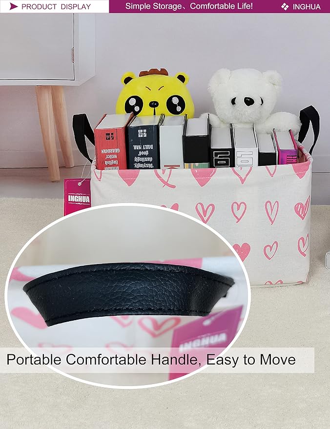 Rectangular Pink heart Storage Basket | Gifts Bag for Books,Clothes,Gifts,Pets-Perfect for Home,Office,Nursery,Dorm,Shelf