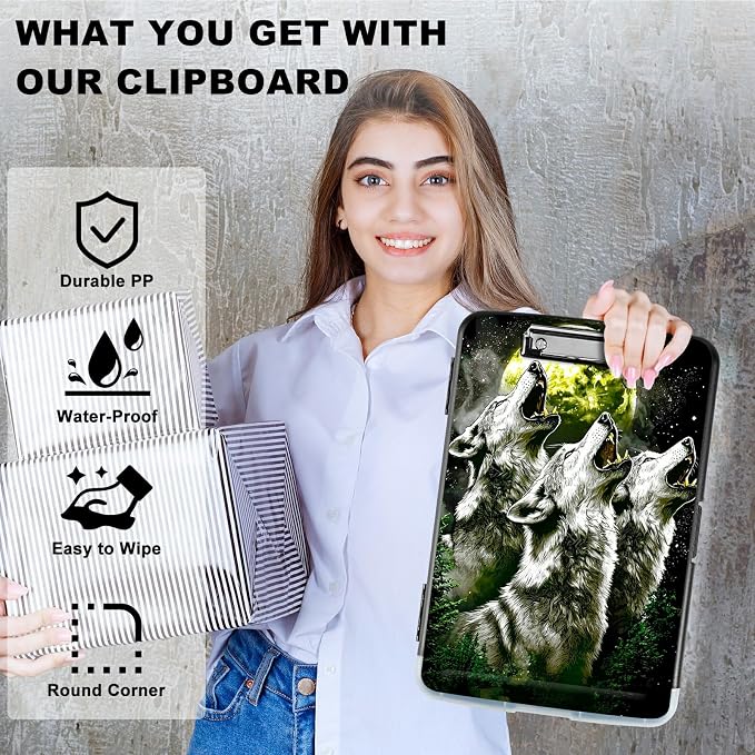 Three Gray Wolves A4 Clipboard with Storage Pen Holder, Clipboards Organizer Nursing Clipboard Foldable File Folder Plastic Clipboard Folio Clip Board for Office Students Classroom Doctor