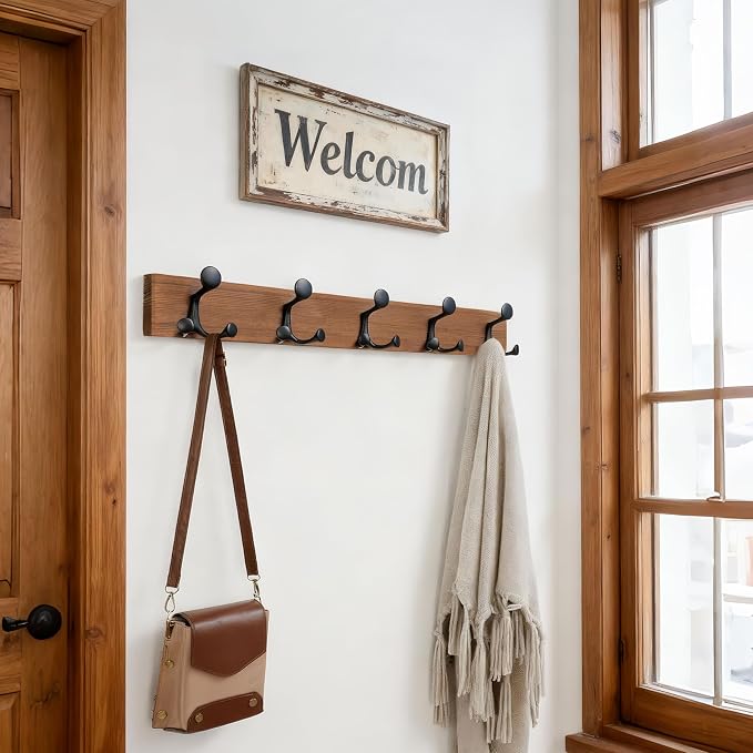 SKOLOO 30-Inch Wood Coat Rack Wall Mount with 5 Triple Hooks - Ideal for Family Entrances, Classrooms, and Pet Supplies Storage - Perfect Coat Hooks for Wall,Charred Golden Brown, Pack of 2