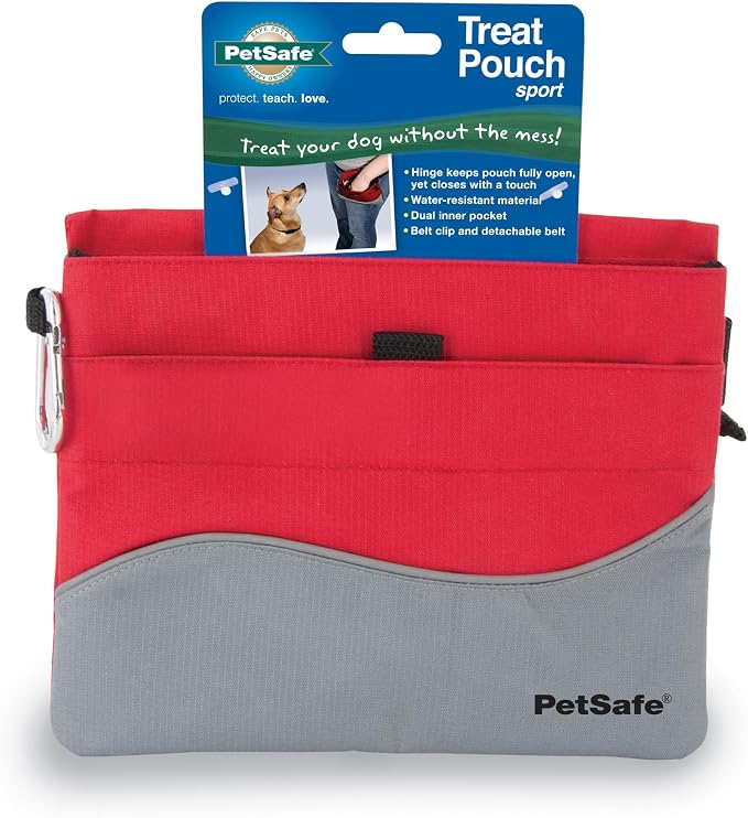 PetSafe Dog Treat Pouch Sport, Red, Standard, 7.5 in L x 6.5 in H | Water & Stain-Resistant Training Pouch with Divided Treat Pocket, Belt Clip & Carabiner for Keys or Bags, Machine Washable