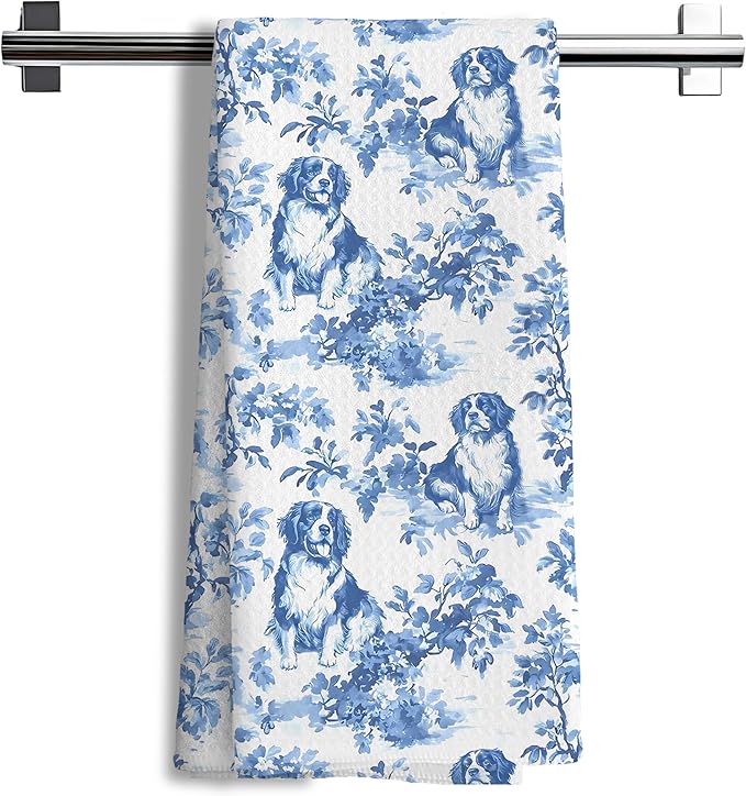 Chinoiserie Bernese Mountain Dog Kitchen Towels, Bernese Mountain Dog Gifts Grandmillennial Botanical Hand Towels for Kitchen Bathroom, 16x24 Inch