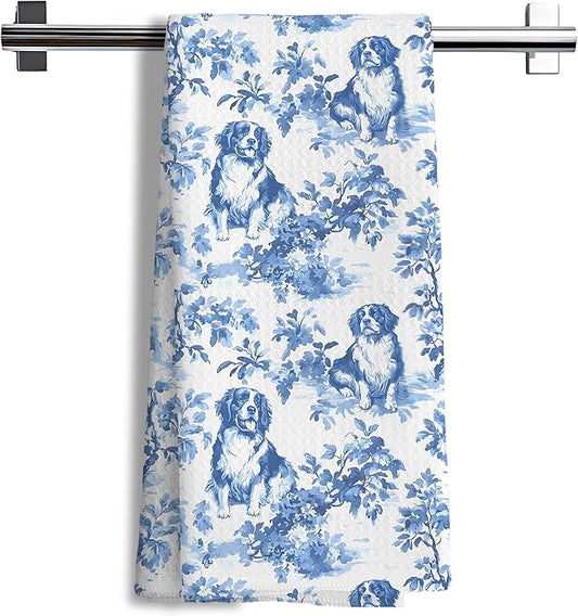 Chinoiserie Bernese Mountain Dog Kitchen Towels, Bernese Mountain Dog Gifts Grandmillennial Botanical Hand Towels for Kitchen Bathroom, 16x24 Inch