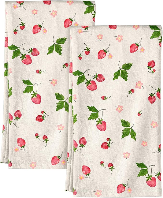 Miss Adola Flour Sack Kitchen Towels - Set of 2 Spring Dish Towels with Hanging Loop 18x26 Inch Absorbent Reusable Cotton Cloths for Cleaning Cute Design Home Decorative Housewarming, Color Strawberry