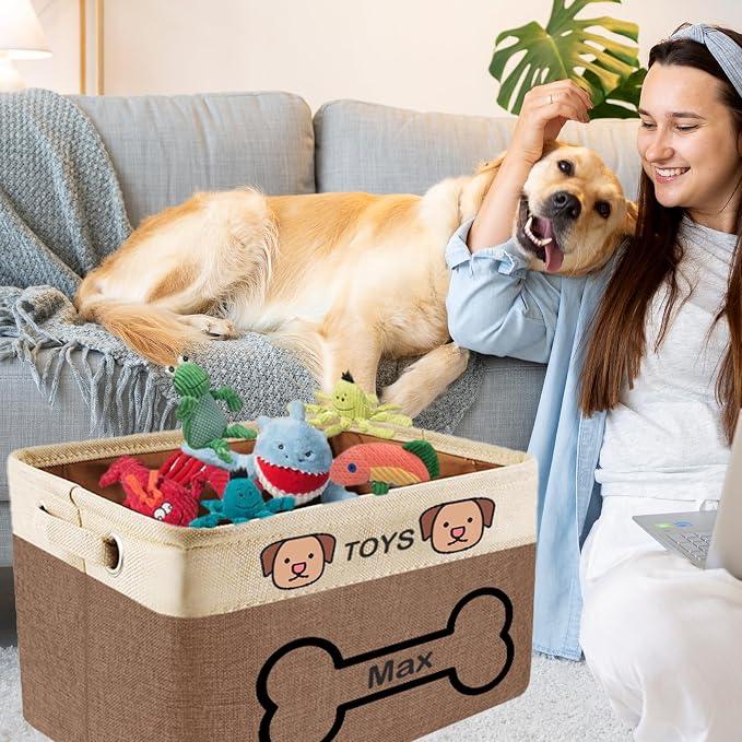 Personalized Dog Toy Storage Basket with Pet Name - Custom Collapsible Puppy Bin, Durable Fabric Toy Box for Dogs & Cats, Sturdy Handles for Home Organization