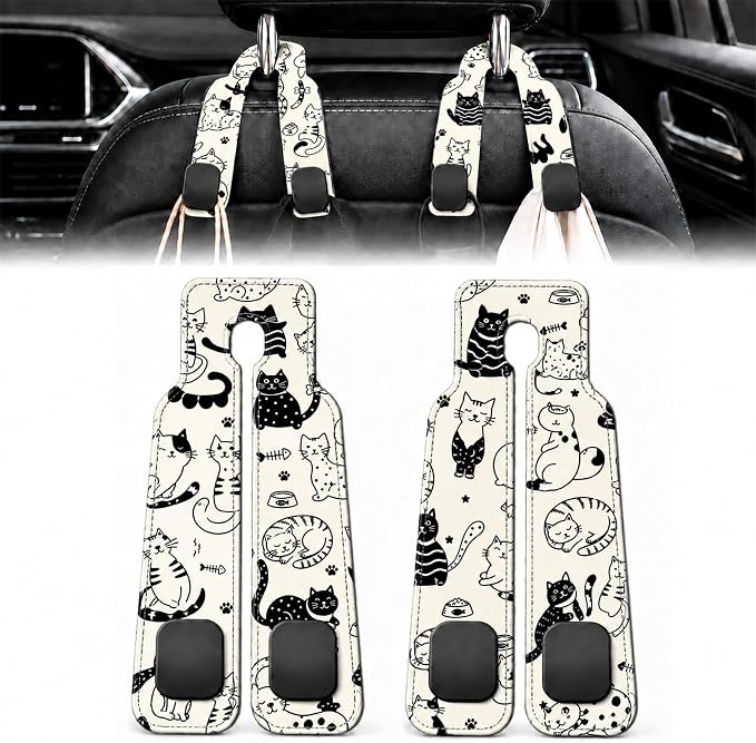 2 Pack Black White Cat Car Headrest Hooks for Purse Seat Back Hanger | Cute Cat Doodle Car Accessories Metal Hook, Cat Mom Gifts for Women, PU Leather Double Hook for Backseat Organizer
