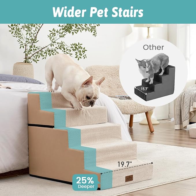 COZY KISS Dog Stairs for Small Dogs, 5 Step Pet Stairs for Beds & Couches | 23.6" H Wide Non-Slip Dog Steps with Removable Tiers & Support Board for Puppies, Older Cats & Dogs, Beige