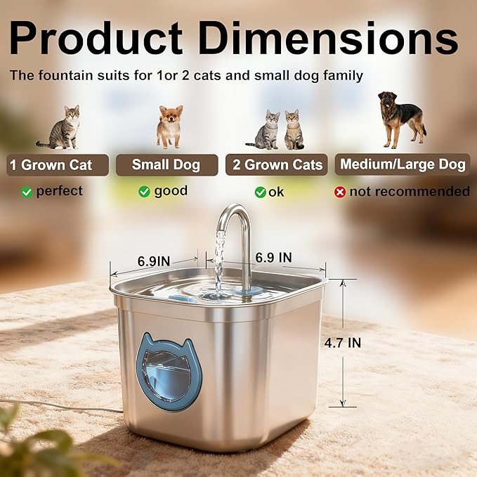 Homtyler Luxury Automatic Cat Water Fountain for Pets, 2.2L/74oz Stainless Steel Dog Water Dispenser with Filter, BPA Free & Silent, Featuring LED Light, Easy Clean & Cat View Window
