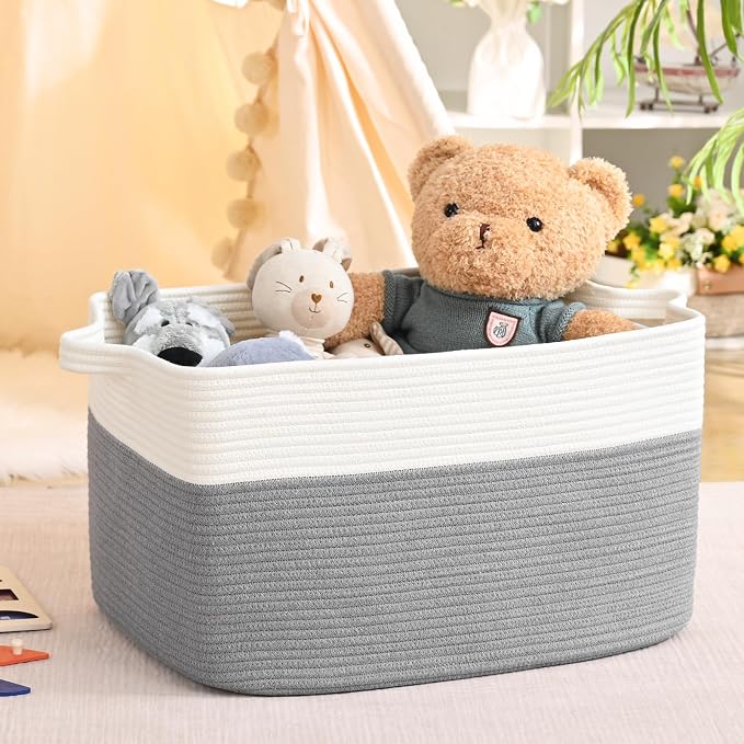 Large Blanket Basket, 60L Storage Baskets for Organizing, Woven Laundry Basket for Blankets, Cotton rope Blanket Storage for Living Room, Nursery Room, 19.7" L x 15.74" W x 11.8" H, Gray