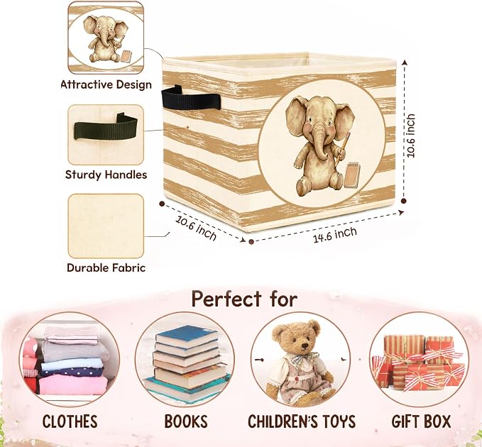Cute Elephant Pencil Beige Stripe Foldable Fabric Storage Bin | Cute elephant pencil, beige stripe; foldable bin for toys, books, clothes in nursery, classroom or playroom.