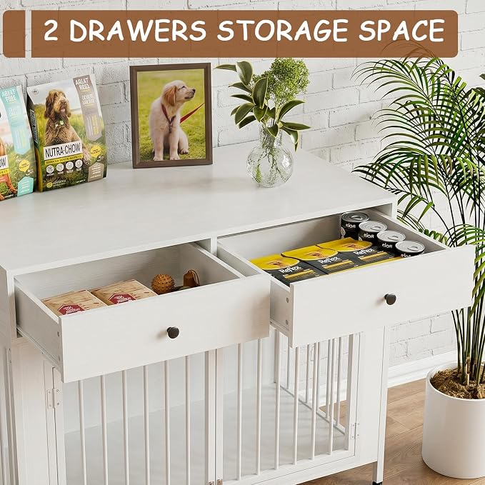 PUKAMI Large Dog Crate Furniture with 2 Drawers, 44 Inch Wooden Dog Kennel Indoor, Crate Furniture as Decorative End Table, Cage Furniture for Small Medium Large Dogs (New White, 1-Pack Set)