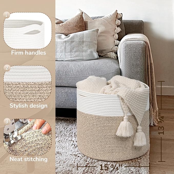 Goodpick Woven Rope Basket for Blankets Fit Nursery & Living Room, 45L | 15.8 x 15.8 x 13.8 In Storage Basket for Toys Shoes, Cute Baby Laundry Hamper for Towels, Clothes, Light Brown