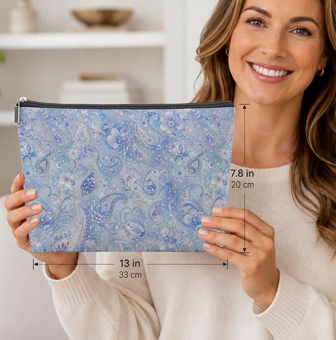 Boho Blue Dreamy Paisley Empty Mahjong Tile Bag 13x7.8 Inch | Preppy Floral Printed Portable Travel Case Organizer Zipper Pouch for American Mahjong Tiles Game Night Accessories and Gifts