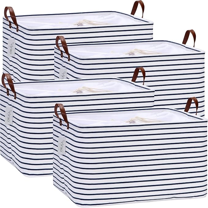 Hinwo 70L Extra Large Canvas Storage Bin with Lid and Handles, 4-Pack | Collapsible Fabric Baskets, Closet Shelf Organizers, Containers for Clothing, Blankets, Toys, Bedding (Navy Stripe)