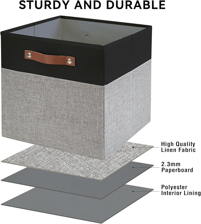 13x15x13 Storage Cube Bins, Foldable Storage Organizer Baskets, Fabric Cube Storage Boxes with 2 Reinforced PU Handles for Kallax, Shelves, Living Room | 4 Pack, Black & Gray