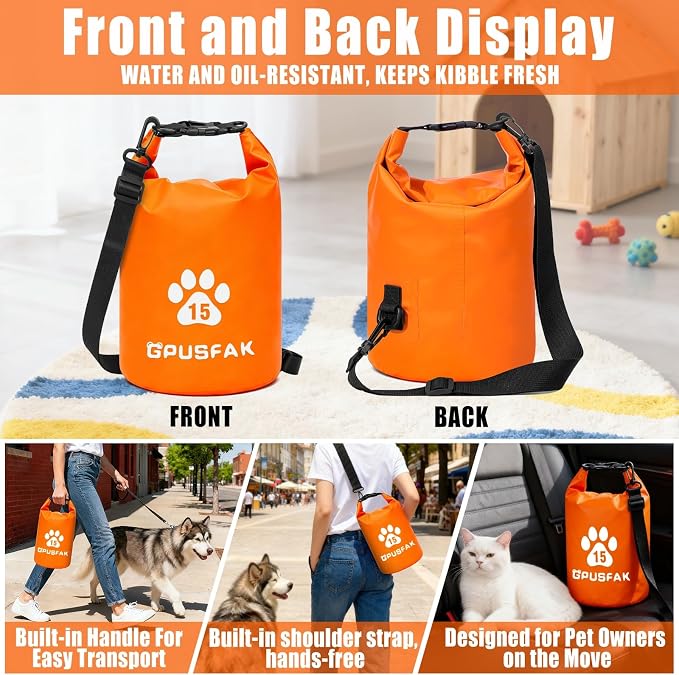 Pet Food Storage Bag with Bowl (96 Cup) - Zip Roll Top Dog Food Travel Bag Waterproof Kibble Container for Camping Road Trips Travel Dog Boarding Weekend Getaways Machine Washable 15L Orange