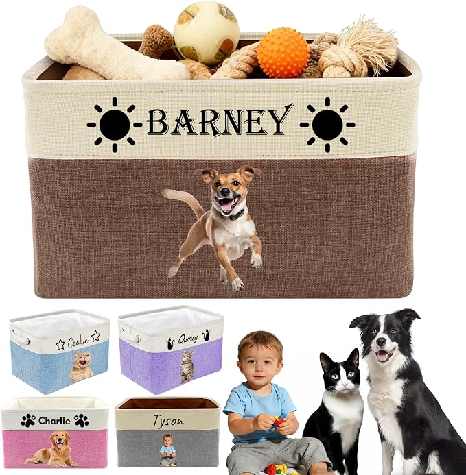 Personalized Dog Toy Storage Basket Custom Pet Storage Bins with Name Photo Collapsible Organizer Box Customized Baby Basket Container for Dolls Toys Coats Clothing Brown