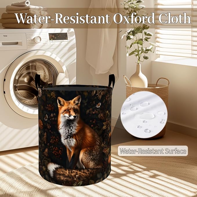 Rustic Fox Floral Laundry Basket, Woodland Animal Foldable Oxford Cloth, Waterproof Dirty Clothes Hamper with Handles, Clothing Storage Bin Toy Organizer for Bedroom Dorm Bathroom, 19.7"x15.7"