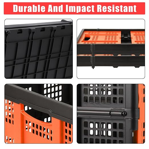 Garvee Collapsible Crate, 55L Foldable Plastic Milk Storage Crate, Orange | Heavy Duty Stackable Plastic Crates Folding Storage Baskets for Groceries, Moving, Camping & Car Storage