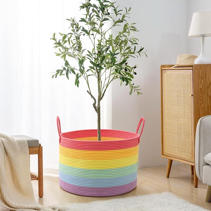 67L Large Rainbow Blanket Basket, Cotton Rope Baby Laundry Hamper with Handles, Kids Toy Basket for Classroom & Nursery, Soft Round Stuffed Animal Storage, Dog Toy Bin - 20"x13", Rainbow
