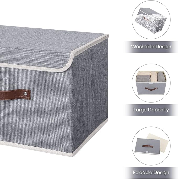 ANMINY Fabric Storage Box Bins with Lids, Gray, 15"x10"x10", 4 Pack | Keepsake Memory Storage, Cotton Linen, PP Board Reinforced, Washable, PU Handles, Foldable & Stackable, Decorative, Large