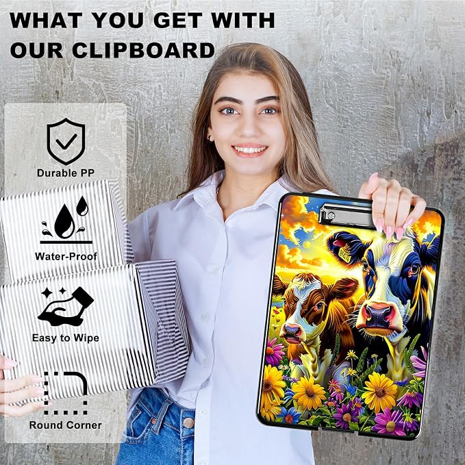 Purple Flower Cow A4 Clipboard with Storage Pen Holder, Clipboards Organizer Nursing Clipboard Foldable File Folder Plastic Clipboard Folio Clip Board for Office Students Classroom Doctor