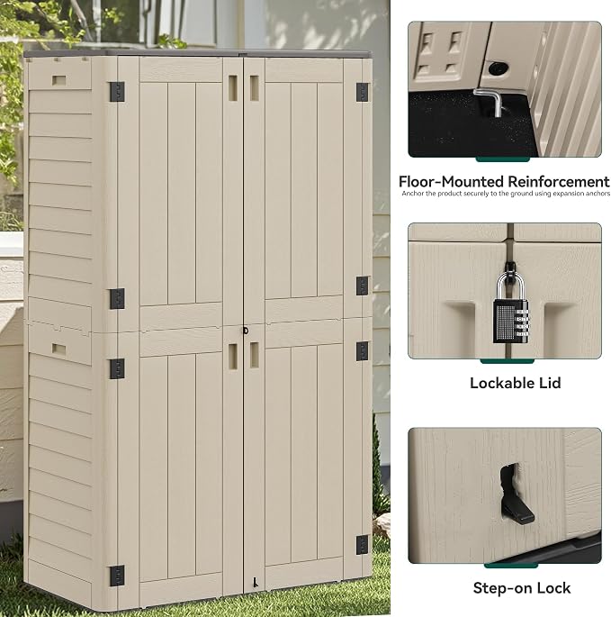 YITAHOME 60 cuft Vertical Outdoor Storage Shed with Shelf, Large Waterproof Storage Cabinet for Garden Shed, Tall Outdoor Storage Shed for Garage, Pool Storage, Resin, Lockable, Khaki & Brown