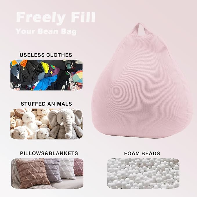 LPMOERA Stuffed Animal Storage Soft Bean Bag Chair Cover No Filler Pink | Skin-Friendly,Portable,Wide Easy-Load Opening,Hidden Zipper,Decorative Organizer