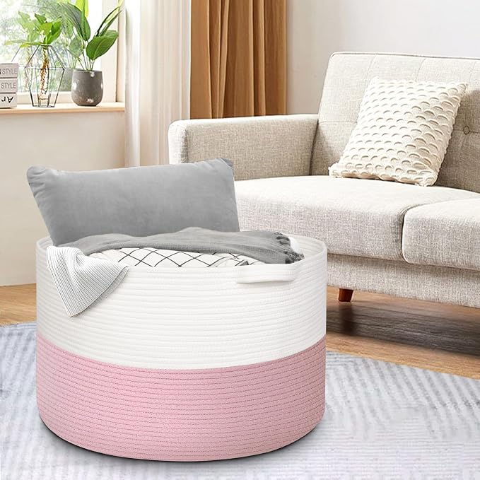 MEGASKET 115L Pink Basket for Organizing, 23.6“x15.7" XXXL Blanket Storage for Living Room, Extra Large Toy Box, Soft Woven Cotton Rope Bin, Decorative Baby Nursery Basket, Girls Pink Room Decor