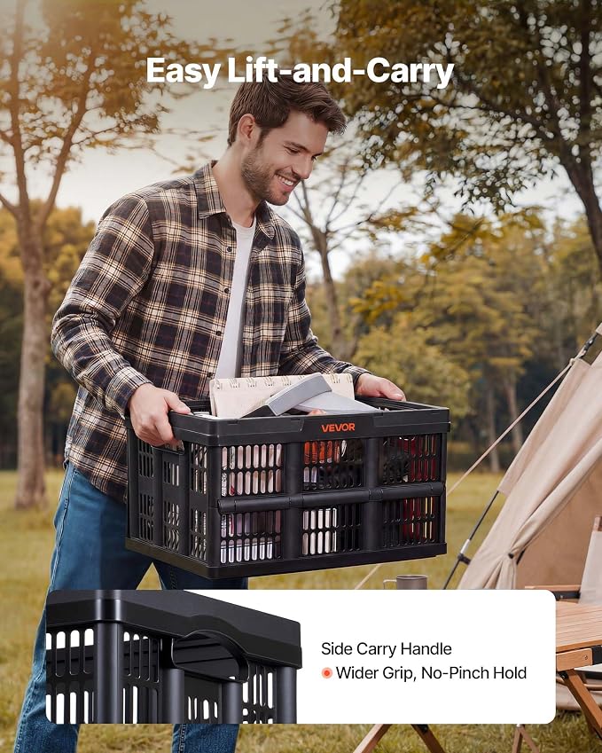 VEVOR Plastic Collapsible Storage Bins, 45L 3 Packs, Stackable Folding Storage Crates with Handles, Holds 33 lbs Per Bin, Foldable Heavy Duty Containers, Space-Saving Baskets, for Home Organizing