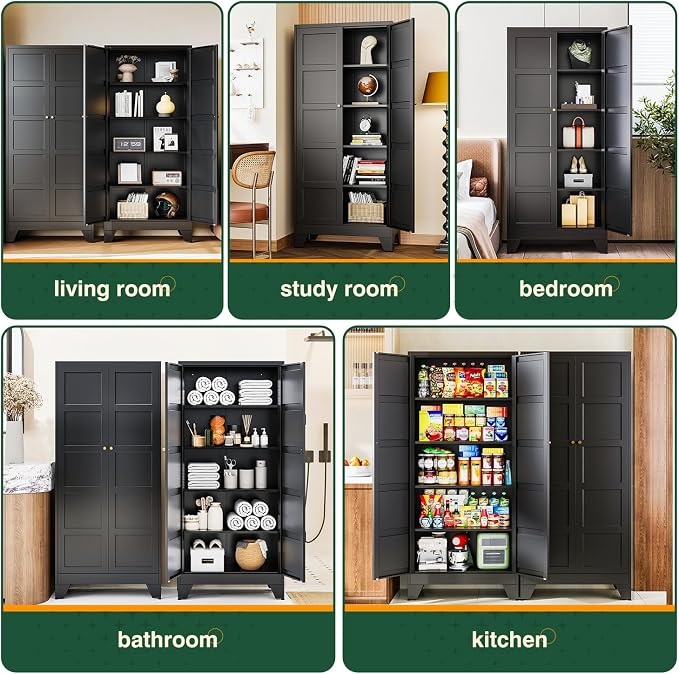 72" H Metal Storage Cabinet with 2 Doors and 4 Shelves,Tall Kitchen Pantry Cabinets,Utility Pantry Organizers for Cupboard/Dining/Bathroom/Home Office/Garage (Black, 72" H x 18" D x 33.5" W)