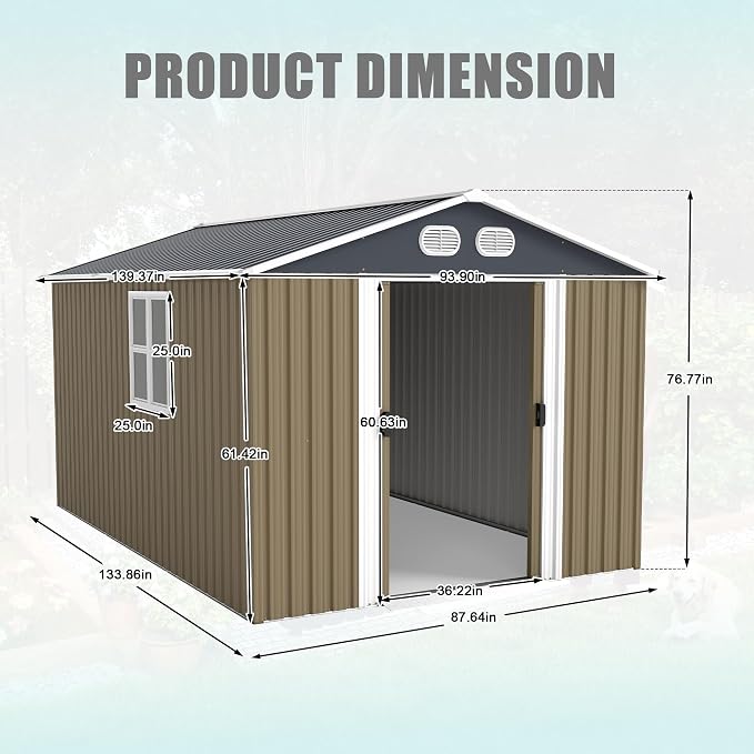 8x12 FT Outdoor Storage Shed, Metal Storage Shed with Lockable Door & Air Vents, Heavy-Duty Storage Tool Shed for Garden, Lawn, Backyard, Brown
