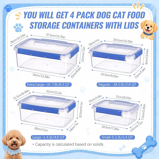 Mifoci 4 Pcs Airtight Dog Treat Container Pet Food Storage with Lids | 1.3-8.2 Qt Plastic Pet Treats Storage Bins Stackable Airtight Dry Food Container Set in 4 Sizes for Biscuits Snacks