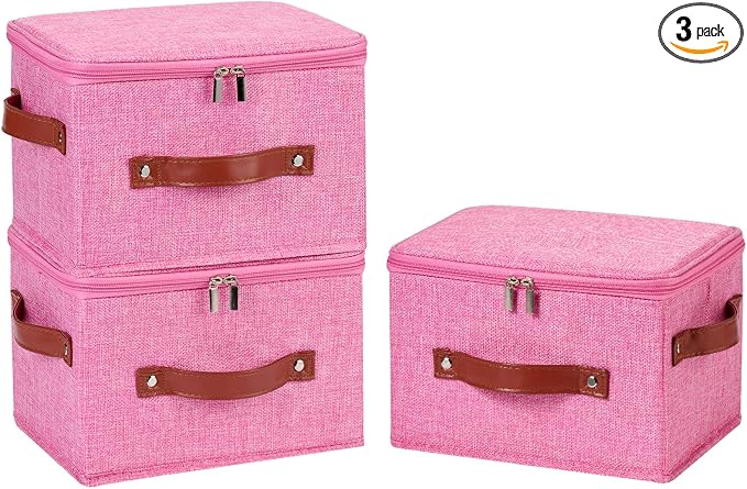 3PCS Storage Bins Boxes with Zippered Lid Decorative Baskets | Cotton Linen Fabric, Washable Foldable Stackable Clothes Container, Closet Shelf Organizer w/ PU Leather Handles, Pink-Small