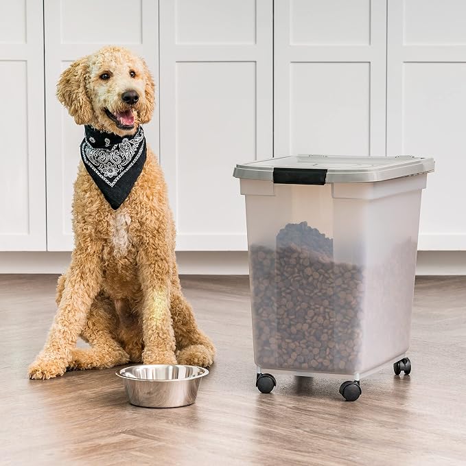 IRIS USA Dog Food Storage Container, Up to 50 lbs, Clear/Gray, Made in USA | Wheels for Mobility, Airtight Seal, BPA-Free, Best for Bird Seed, Cat food, Cat Litter, Chicken Feed, Pellets