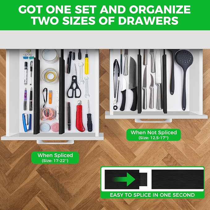 4 Pack Bamboo Drawer Dividers Organizer with Inserts 2.6'' High | Expandable from 12.5-21.7", Adjustable Drawer Organizer Separators for Utensils, Clothing, Office, Dresser, Bedroom, (Black)