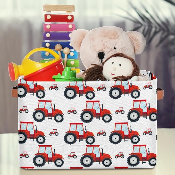 Red Tractor Rectangle Storage Basket Truck Car Foldable Storage Bin Cubes with Handles Large Organizer Bins Boxes Toy Closet Shelf Nursery Laundry Basket Home Decor