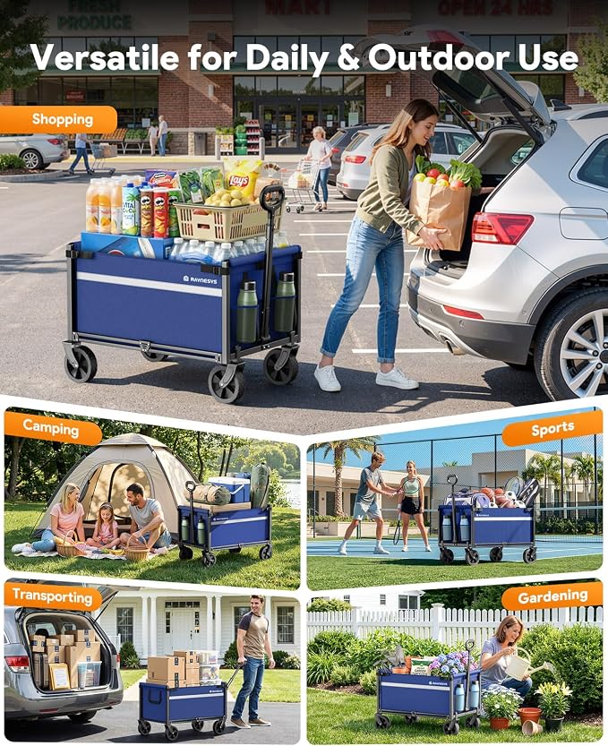 Collapsible Wagon Cart with Wheels, 220LBS for Grocery Shopping Camping | 110L Capacity Wagons Carts Foldable,220LBS Heavy Duty Wagon Carts, Lightweight Portable Utility Cart,All-Terrain Wheels