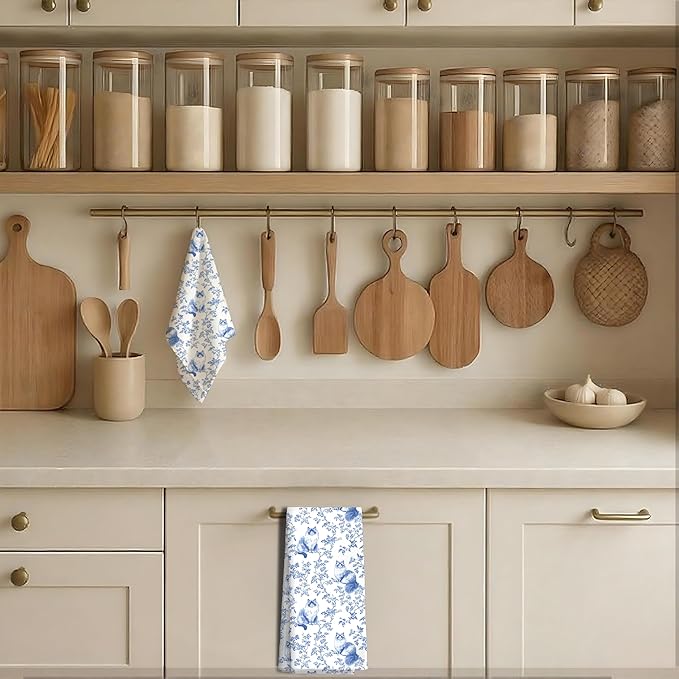 Chinoiserie Floral Ragdoll Kitchen Towels Set of 2,Blue and White Cat Decor Kitchen Dish Tea Towels Bathroom Gifts for cat Lovers Women Men,16x24 Inch