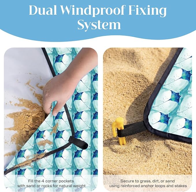 OIGAE Beach Blanket Waterproof Sandproof Oversized Beach Mat | Picnic Mat with Stakes, Storage Bag - Essentials for Outdoor Beach, Picnic,Quick-Dry Lightweight,Windproof Pockets