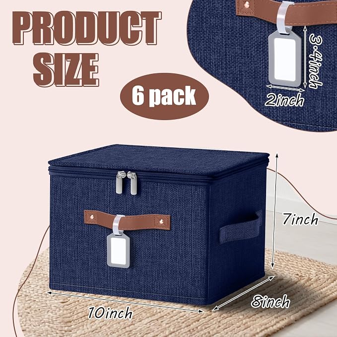 6 Pack Fabric Closet Storage Bins with Zipper Lids and Label, 10×8×7In Large Size Foldable Cotton Linen Storage Cubes Boxes with PU Leather Handles Holders for Bedroom, Nursery, Dark Blue