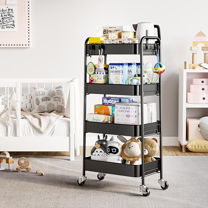TOOLF 4 Tier Metal Rolling Cart, Utility Storage Cart with Wheels, Black | Screwless Assembly, Lockable Metal Wheels, Trolley Organizer for Bathroom, Kitchen, Office, Dorm, Laundry, Craft Room