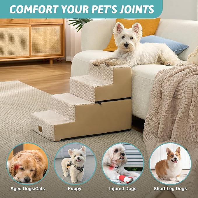 COZY KISS Dog Stairs for Small Dogs, 4 Step Pet Stairs for Beds & Couches | 17.7" H Wide Non-Slip Dog Steps with Removable Tiers & Support Board for Puppies, Older Cats & Dogs, Beige
