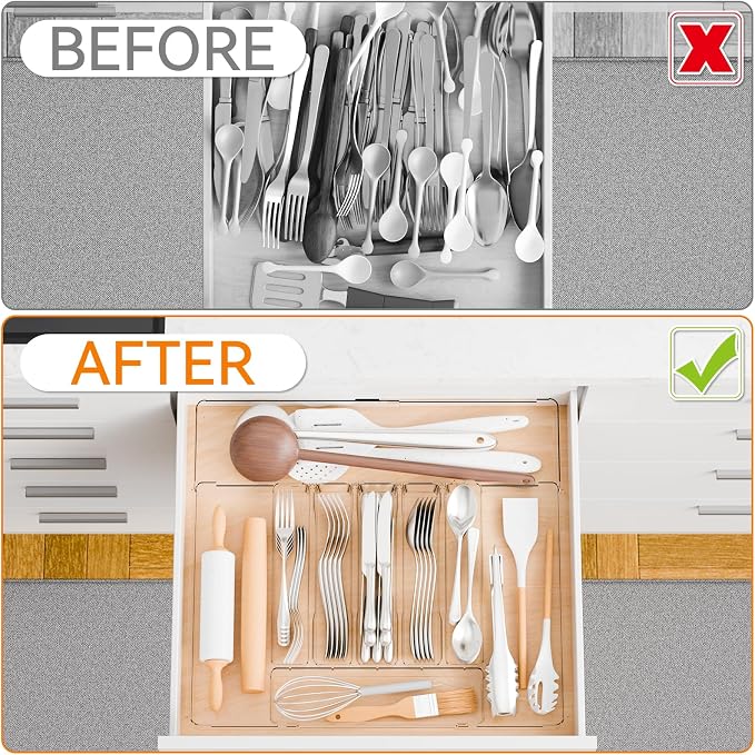 Clear Large Expandable Silverware Organizer and Kitchen Utensil Drawer Organizer,Plastic Adjustable Silverware Tray for Drawer Cutlery,Spatula,Tools,Flatware Organizers,Fork and Spoon Holder