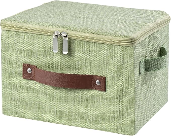 Storage Bins with Zipper Lid Decorative Lidded Box Fabric Baskets | Collapsible Shelf Closet Organizer Container, Cotton Linen Fabric Boxes, PU Leather Handle, Stackable Washable (Green, Small)