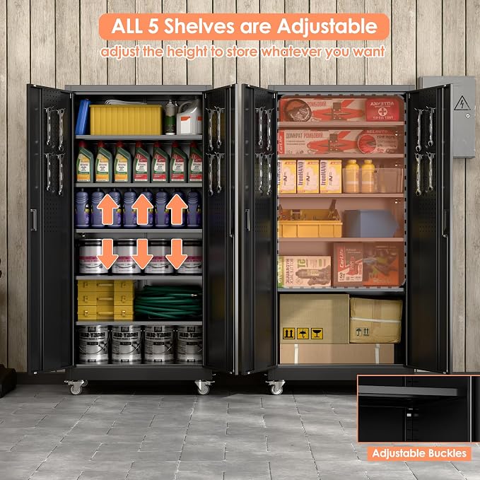 Garage Storage Cabinet with Wheels and Pegboard Doors, Black | 71"H x 34"W x 18"D steel cabinet with 5 adjustable shelves, 4 casters, 4 hooks and 3-point locking; assembly required.