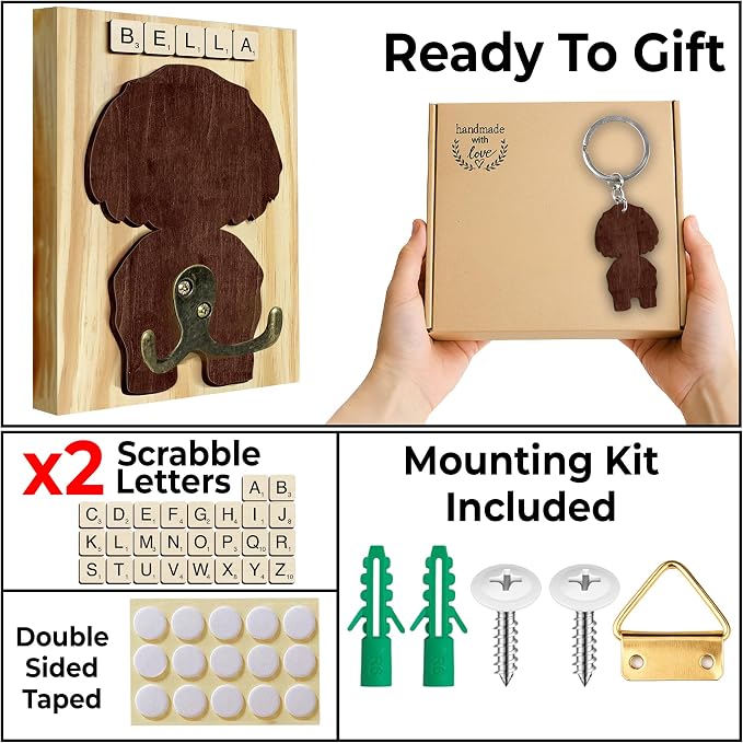 Shih Tzu Dog Leash Holder Wall Mount with Scrabble Letters, Wooden Dog Wall Hook Organizer, Pet Collar and Harness Holder Entryway, Key Hook & Leash Rack, Home Decor for Pet Lovers PF297-66