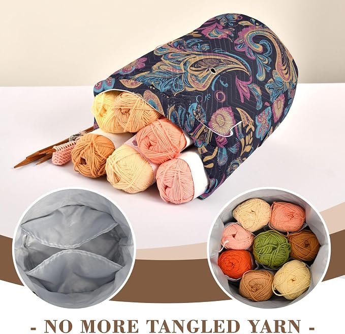 Fustylead Beautiful Pink Blue Paisley Floral Pattern Knitting Yarn Storage Tote Basket, Durable Polyester Large Crochet Drawstring Bag for Crocheting Project, Sewing Supplies, Needles