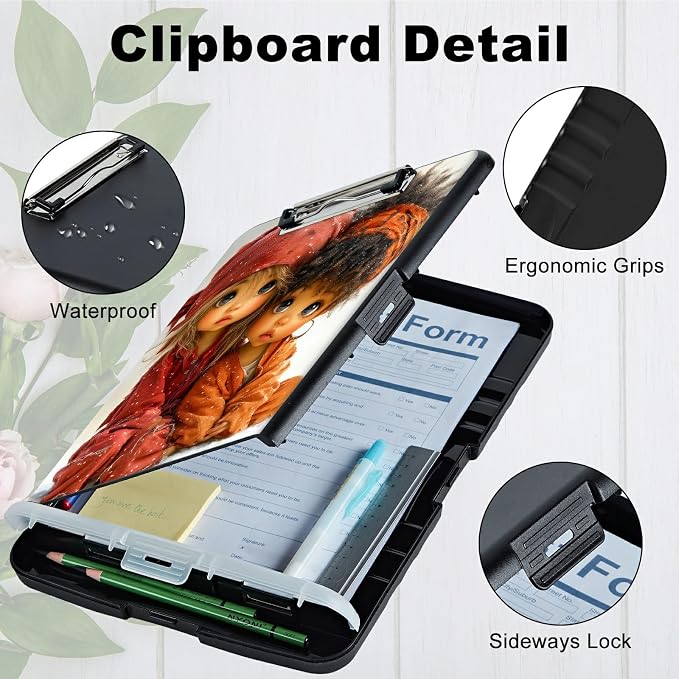 A4 Clipboard with Storage Pen Holder, Clipboards Organizer Nursing Clipboard Foldable File Folder Plastic Clipboard Folio Clip Board for Office Work Classroom Doctor, Two Little Girls