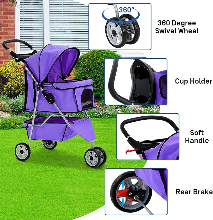 Best 3 Wheels Pet Stroller for Dog Stroller Cat Stroller, Lightweight & Foldable Pet Jogger Stroller, Carrier Strolling Cart W/Cup Holders Removable Liner for Small and Medium Dog Cat or Pet - Purple